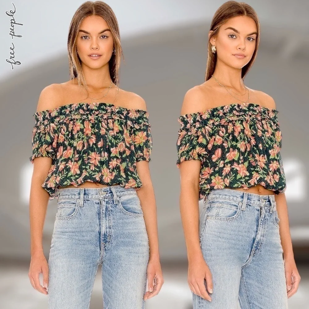 FREE PEOPLE Suki Floral Print Short-Puff-Sleeve Off-The-Shoulder Top MD NWT